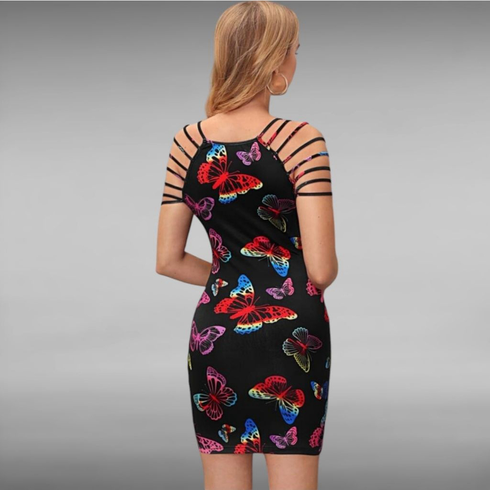 SHEIN Medium Rainbow Butterfly Print Strappy Sleeve Bodycon Mini Dress - Picture 10 of 11